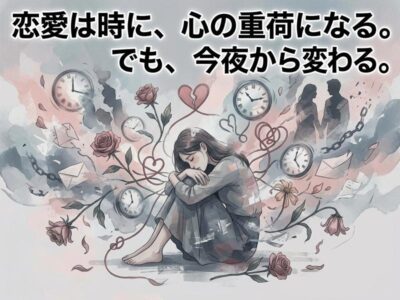 恋愛の苦悩に沈む女性のイラスト。壊れたハート、時計、そして変化のメッセージ。