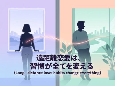 遠距離恋愛の男女が離れた場所で窓から都市を眺め、光で繋がるイラスト。
