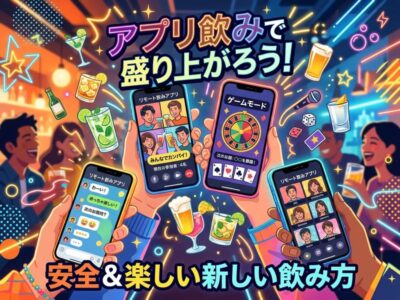 リモート飲み会アプリで乾杯し、オンラインゲームを楽しむ人々のイラスト。「安全＆楽しい新しい飲み方」。