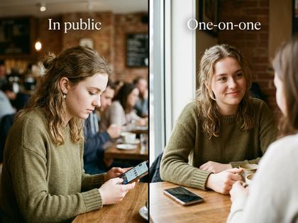 カフェでスマートフォンを見ながら少し考え込む20代女性の横顔、やわらかい自然光、800×600