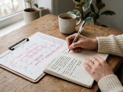 カレンダーとノートに記録を書き込む女性の手元、落ち着いた室内、800×600