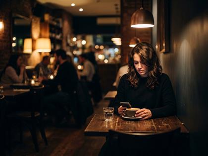夜の街を歩きながら少し寂しげに微笑む女性の後ろ姿、街灯の明かり、800×600
