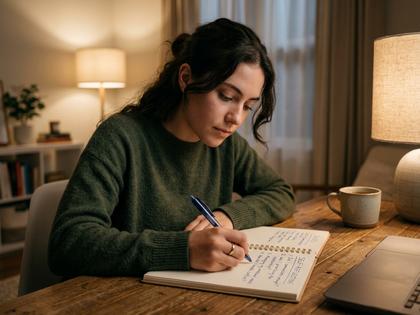 窓辺でノートに書き込みながら考えごとをしている女性、800px×600px