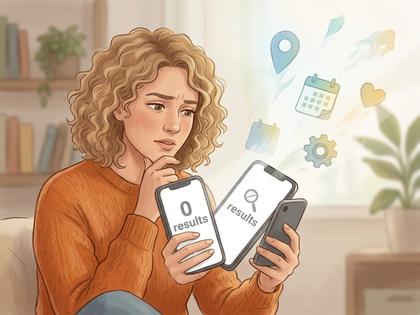 検索結果が0件の画面を見て困っている女性のイラスト、800×600