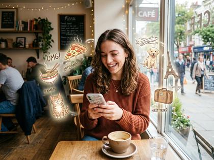 スマホでメッセージを打ちながら微笑む20代女性、カフェの窓際、800px×600px
