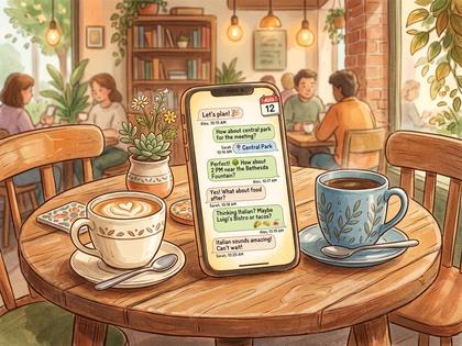 二人分のコーヒーカップが置かれたカフェのテーブル、やわらかい光、800px×600px