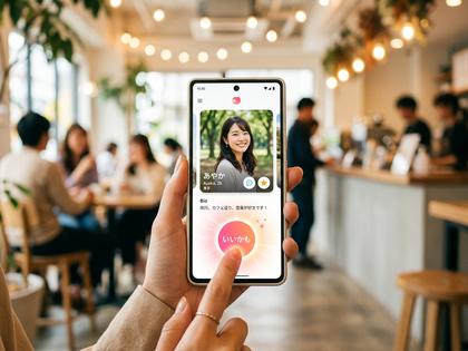 スマートフォンでマッチングアプリのプロフィール画面を見ている20代女性の手元、明るいカフェの雰囲気、800×600