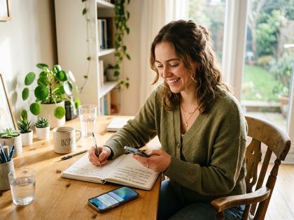 ノートに気づきを書き込みながらスマホを見る女性、やわらかい自然光のデスク、800×600