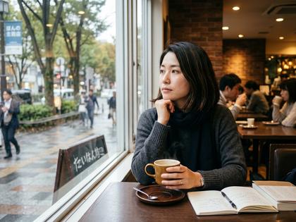 カフェの窓際で一人でコーヒーを飲みながら少し考え込む20代後半の日本人女性、自然光、800px×600px