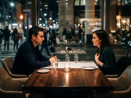 向かい合って食事をしながら少し表情を探り合うカップル、レストランの夜の席、800px×600px