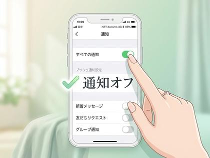 スマホのLINEトーク画面で通知オフの設定メニューを操作している指先のアップ