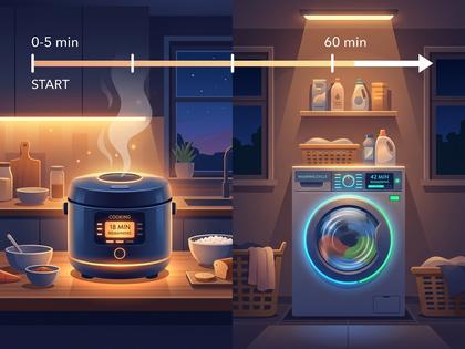 夜のリビングで洗濯機と炊飯器が同時に稼働している室内の様子、800px×600px