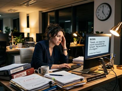 退勤時刻を過ぎたオフィスでパソコンの前に座り疲れた表情の女性、800×600