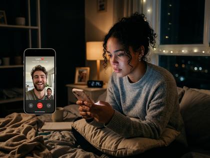 夜の部屋でスマートフォンのビデオ通話画面を見つめる20代女性、800px×600px