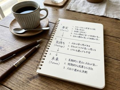 ノートに3つの項目を書き出して考えている女性、800px×600px