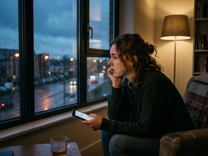 スマホを握ったまま窓の外を見てため息をつく20代女性、夕方の部屋、800×600