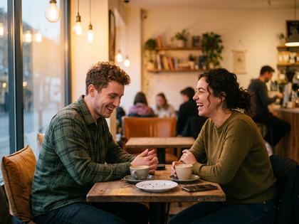 カフェで向かい合って笑いながら話す男女。距離は近いが恋愛的な緊張感はない様子