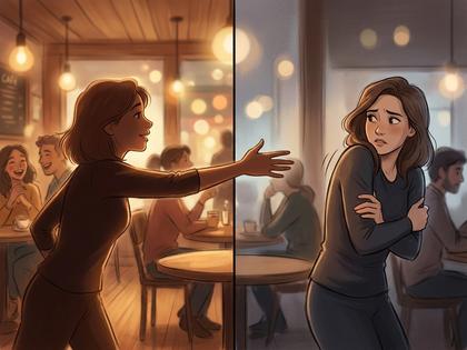 カフェで向かい合って話す男女。女性が少し緊張した表情で相手を見ている様子