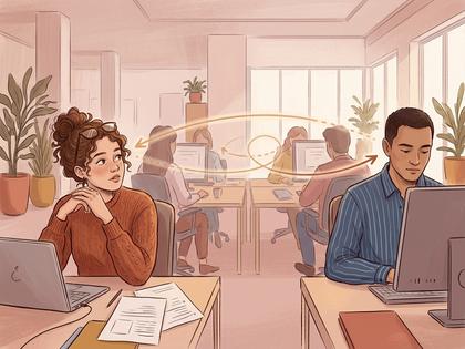 職場のデスクで同僚の男性のほうへ体ごと向けて話す女性のイラスト