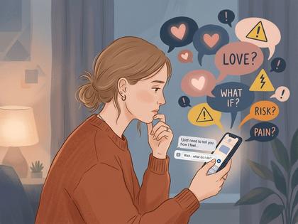 スマホを手に持ったまま返信を迷っている女性。窓辺で考え込む表情