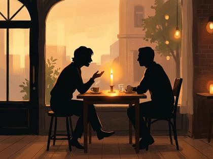 カフェのテーブルで向かい合って話す男女のシルエット、柔らかい自然光、800px×600px