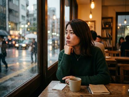 カフェの窓際で頬杖をつき、何か言いたげに考え込む20代後半の日本人女性の横顔