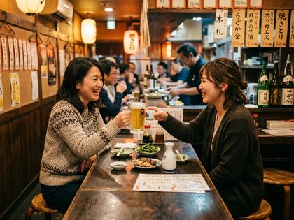 カウンター席で2人の女性がグラスを合わせて笑っている温かい雰囲気の居酒屋の写真