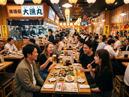 明るい雰囲気のチェーン系居酒屋の店内でグラスとおつまみが置かれたテーブルの写真