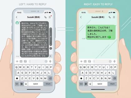 返信しづらいLINEと返信しやすいLINEを並べたスマホ画面風の比較イメージ、800x600