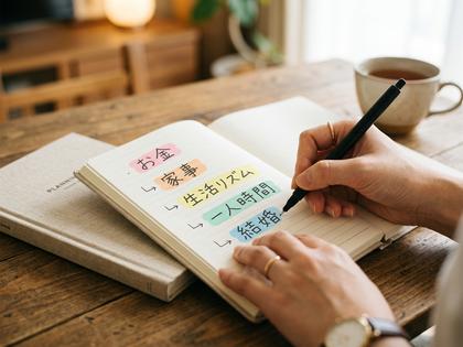 ノートに「お金」「家事」「生活リズム」「一人時間」「結婚」と書き出している手元 800×600