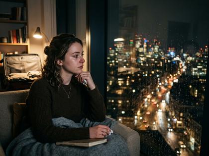 夜の一人暮らしの部屋で、窓際に座って外を見ている女性 800×600