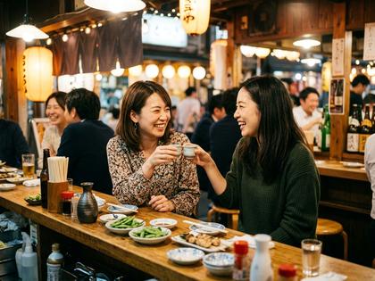居酒屋のカウンターで女性2人がグラスを傾けながら笑顔で会話している様子