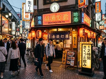 明るく賑やかな駅前の居酒屋の外観と行き交う人々