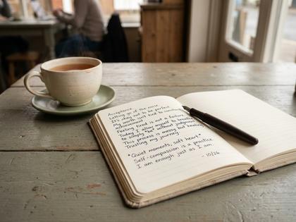 ノートに気持ちを書き出している女性の手元、カフェのテーブル、落ち着いた色味、800px×600px