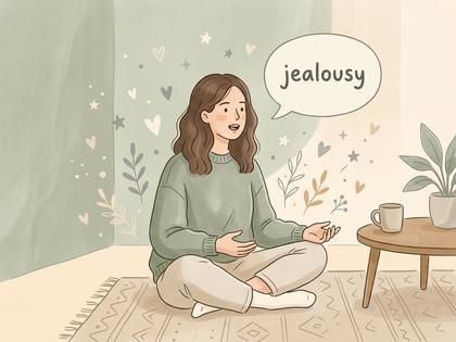 推しのグッズが並んだ棚と、お茶を持ってくつろぐ女性、明るい部屋、800px×600px