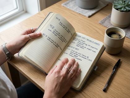 デスクでメモ帳に日付と出来事を書き留める女性の手元のアップ写真