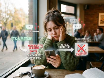 スマートフォンを見ながらため息をつく20代後半の女性、カフェの窓際、自然光