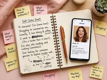 ノートに自己紹介文の下書きを書いている女性の手元、ペンとスマホ、やわらかい雰囲気