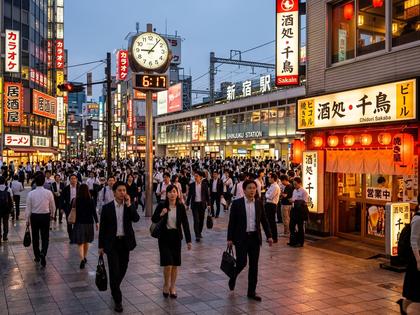 駅前の明るい繁華街で待ち合わせをする女性、夜景、800px × 600px