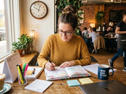 カフェでノートに書き込みながら予定を立てる女性、800px×600px