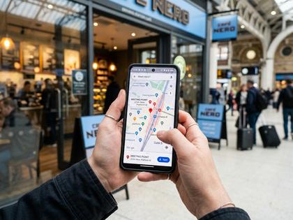 駅近くのカフェ外観と、スマホで地図を見る女性の手元、800×600