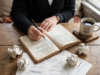 ノートにプロフィール案を書き出している女性の手元とコーヒーカップ、800px×600px