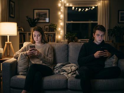 ソファで並んで座りながら、それぞれスマホを見ている20代カップルの横顔、やわらかい室内光、800px×600px