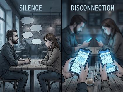 カフェで向かい合いながら会話が途切れている男女、テーブルにはコーヒーとスマホ、800px×600px