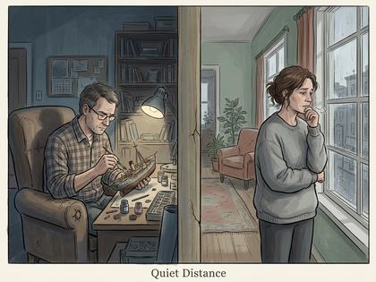 同じ部屋で別々のことをしている男女のイメージ、片方は読書、片方は窓の外を見ている、800px×600px