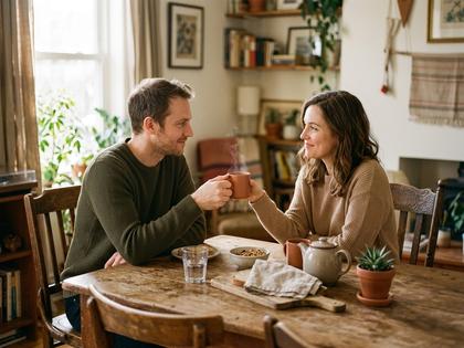 食卓で向かい合って座る夫婦。片方がマグカップを相手に差し出している様子。自然光の入るリビング