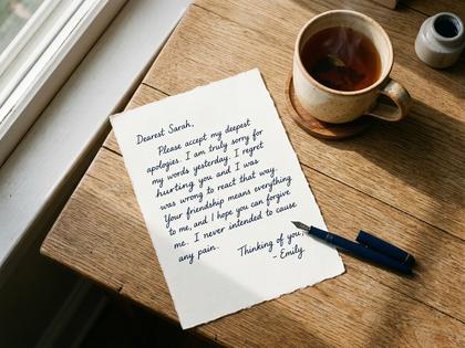 テーブルに置かれた便箋とペン、横にマグカップ。手書きの手紙を書いている様子