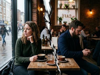 カフェのテーブル越しに向かい合いながら、会話が途切れて窓の外を見ている20代カップル