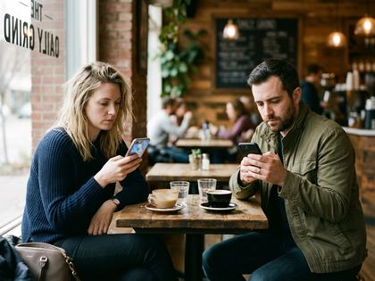 カフェのテーブルで向かい合いながら、それぞれスマホを見ている男女の後ろ姿。やわらかい自然光。800px×600px