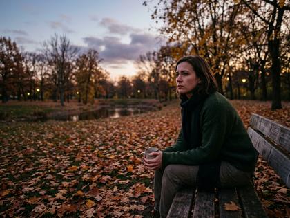夕暮れの公園のベンチにひとりで座り、遠くを見ている女性の横顔。800px×600px